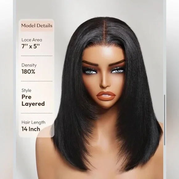 Layered Yaki Straight Bob Drawstring Wig Human Hair 180% Density 7x5 Lace 14” #4 - Picture 2 of 14